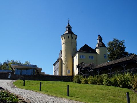 Das gelbe Schloss Homburg vor blauem Himmel. Im Vordergrund ist eine Wiese und ein Weg zu sehen.